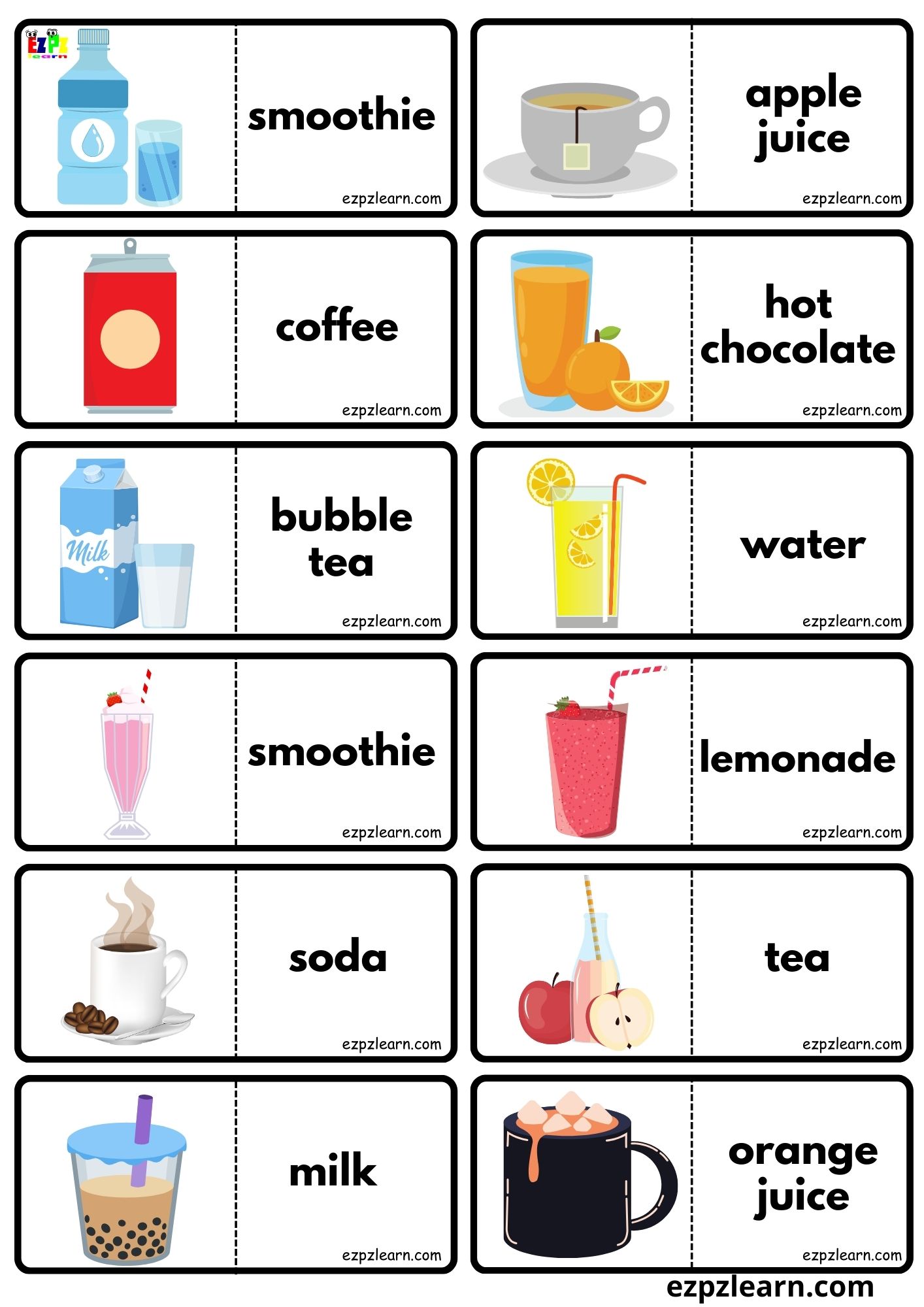 Drinks and Food Vocabulary Dominoes Matching Game for Kids and English Language Learners Free PDF Download